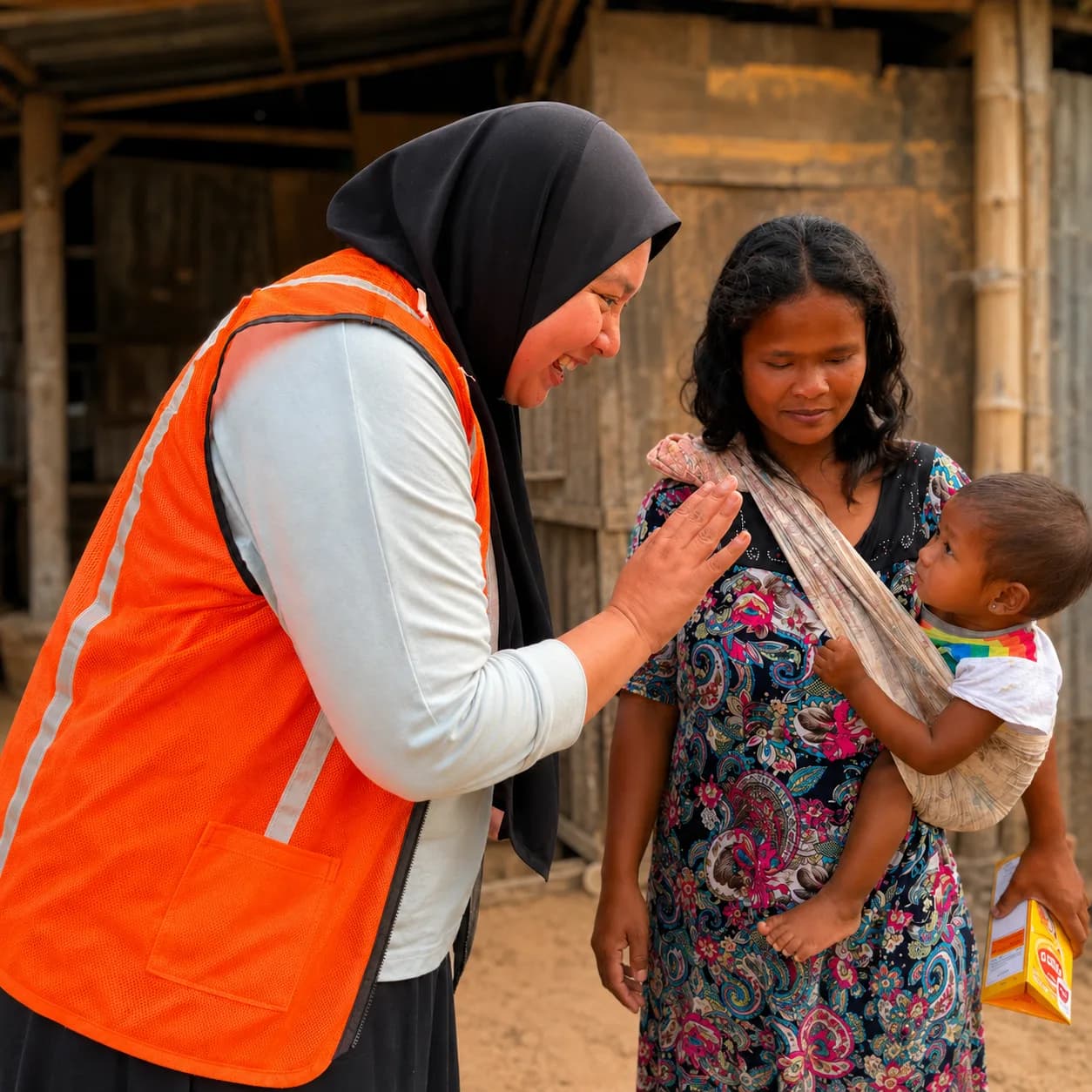 A volunteer greeting a mother carrying her young child during a community outreach visit