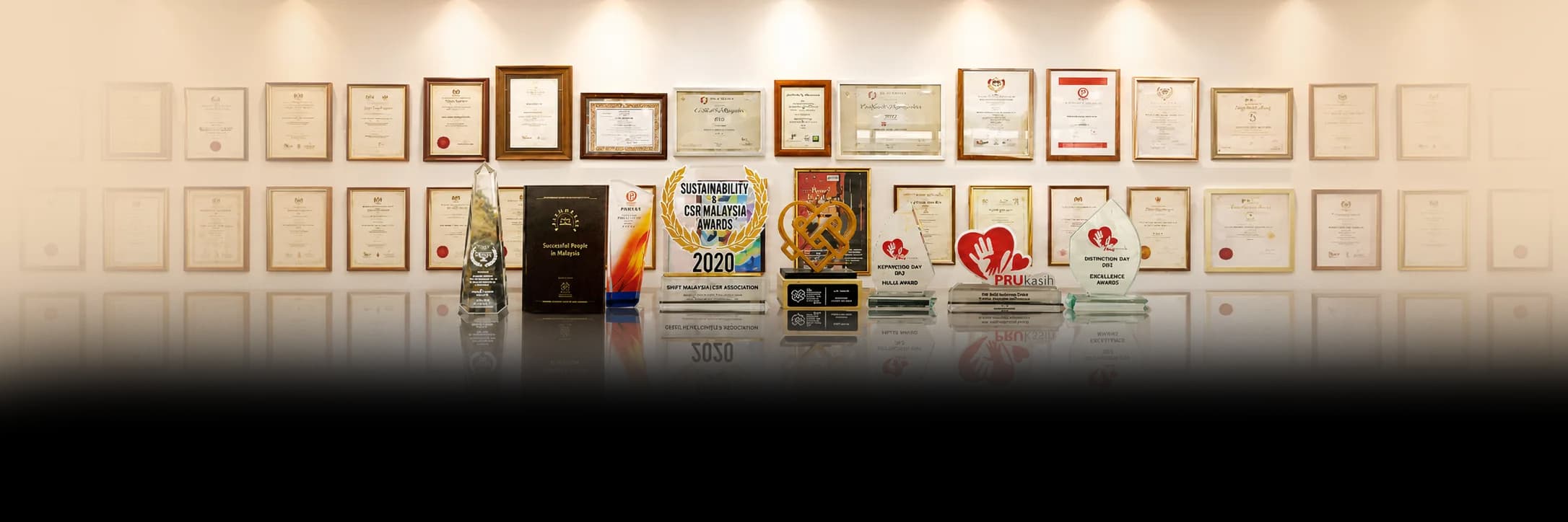 Great Heart awards and certificates on display