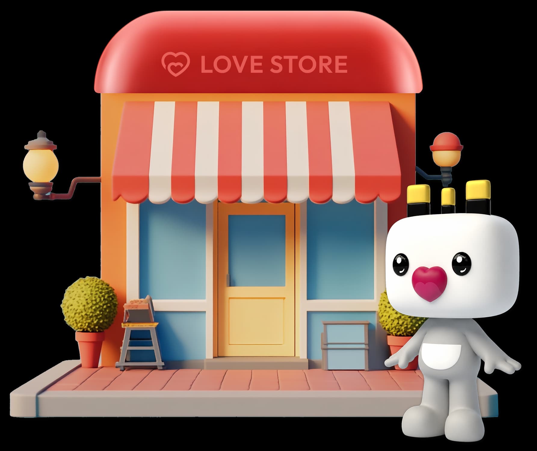 Heart Heart mascot standing beside the Great Heart Love Store