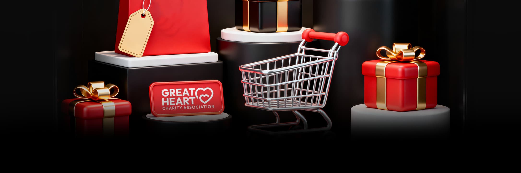 Great Heart merchandise display with gifts and a shopping trolley